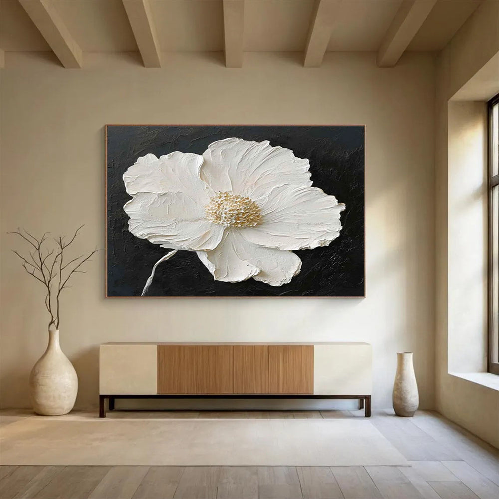 “Textured White Flower on Black” - Impasto Floral Painting On Canvas PT091