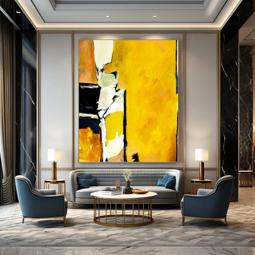 “Yellow - Black Abstract Forms” - Bold Abstract Painting On Canvas PT1101