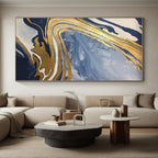 “Blue - Gold Marble Flow” - Blue, Gold, White Abstract Painting On Canvas PS0564