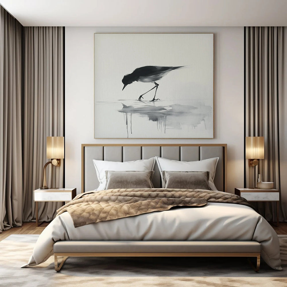 Black - White Bird Reflection, "Ink Bird" – Minimalist Ink - Style Painting On Canvas PS0933