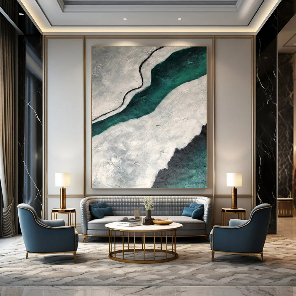 “Teal River Through Grey Lands: Textured Abstract Painting” - Landscape - Inspired Abstract Painting On Canvas DS403