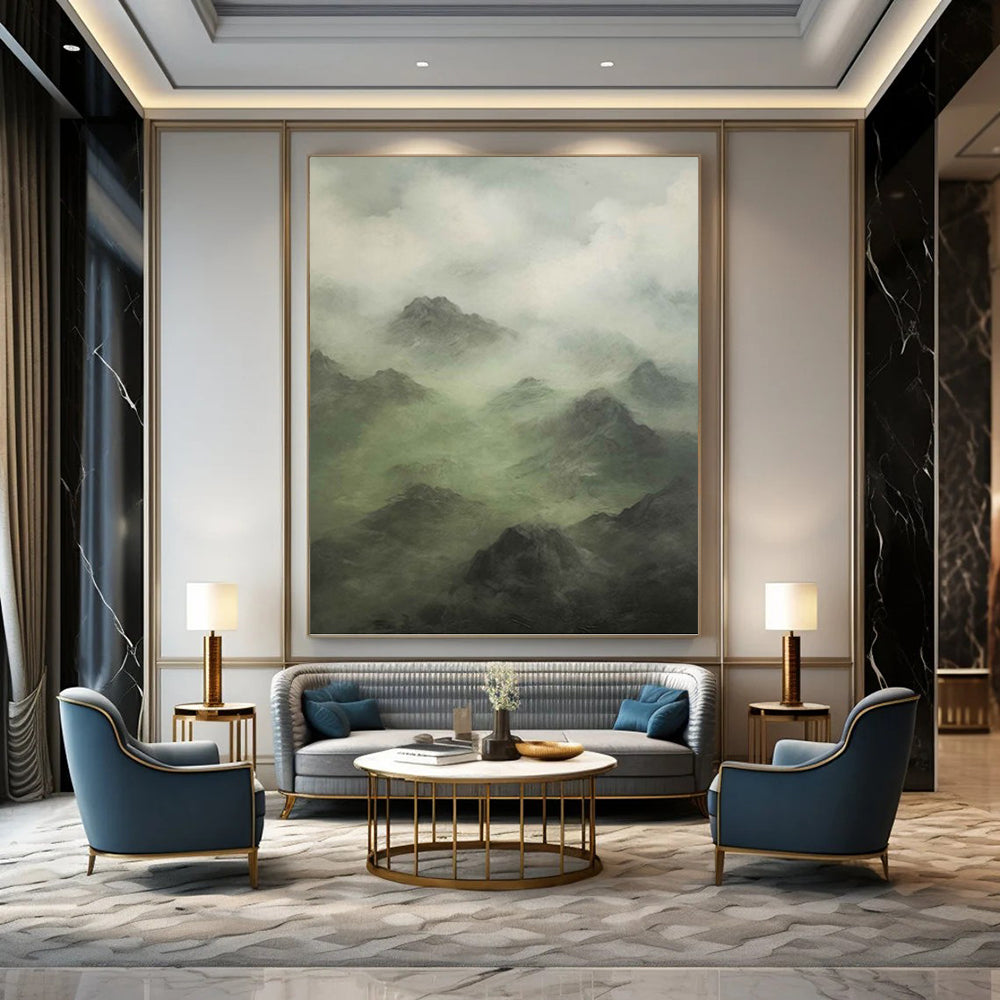 “Misty Mountain Greens” - Green, Gray, Atmospheric Landscape Painting On Canvas PT1480