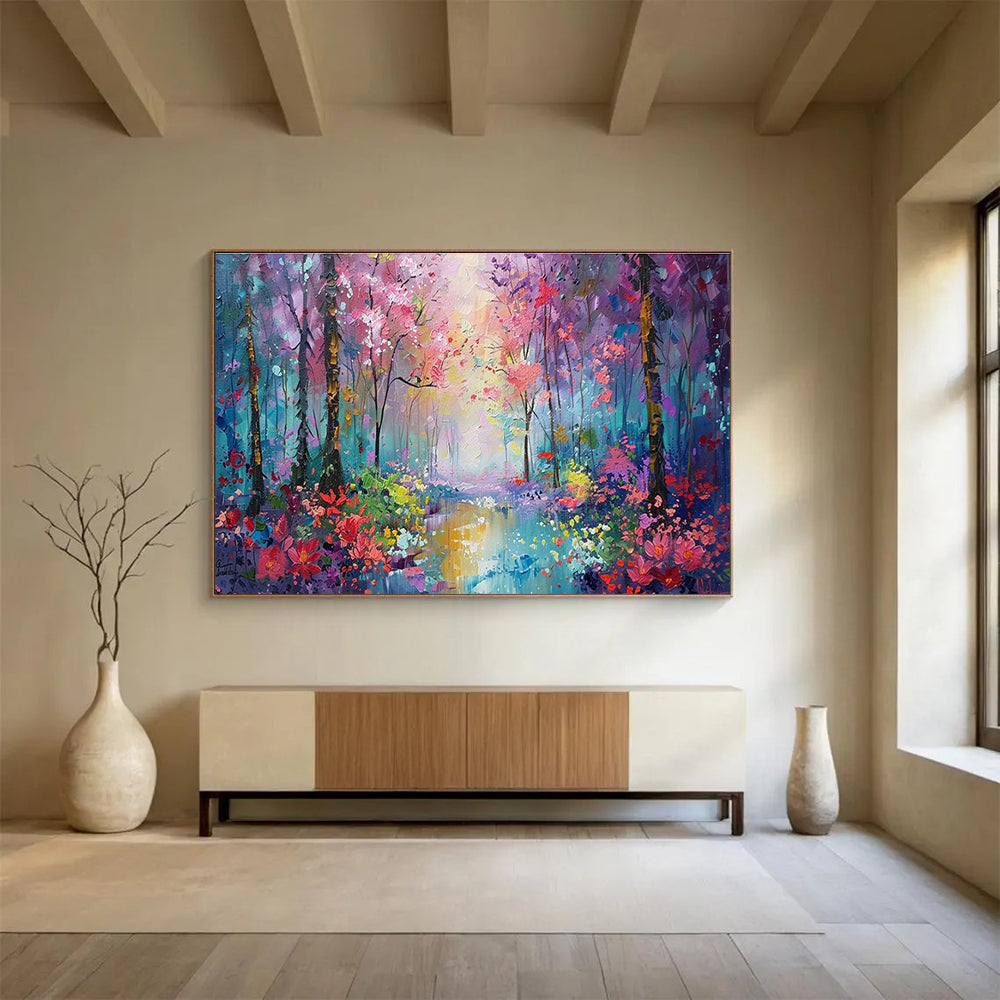 “Colorful Enchanted Forest” - Purple, Pink & Blue Landscape, Impressionistic Oil Painting On Canvas DKS765