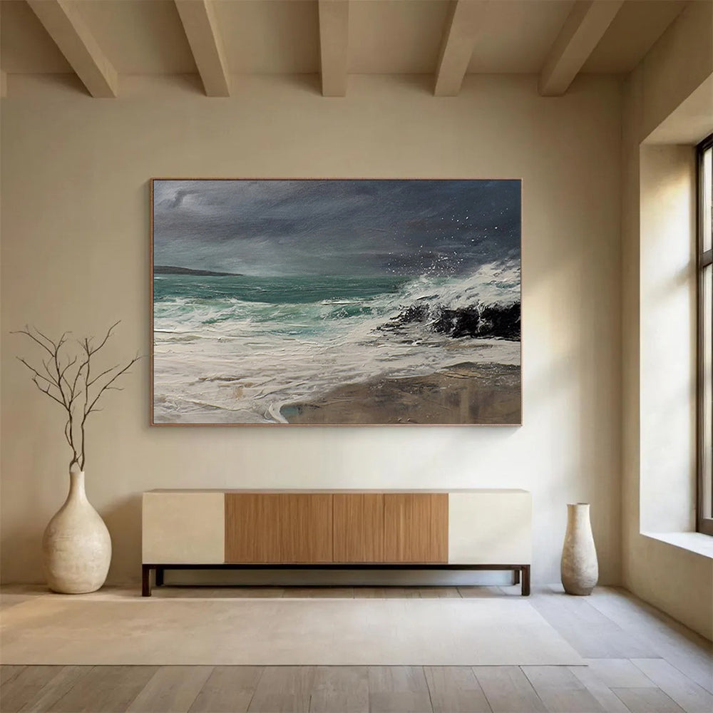 “Dynamic Sea Storm in Greens and Whites” - Realistic Marine Painting On Canvas PT043