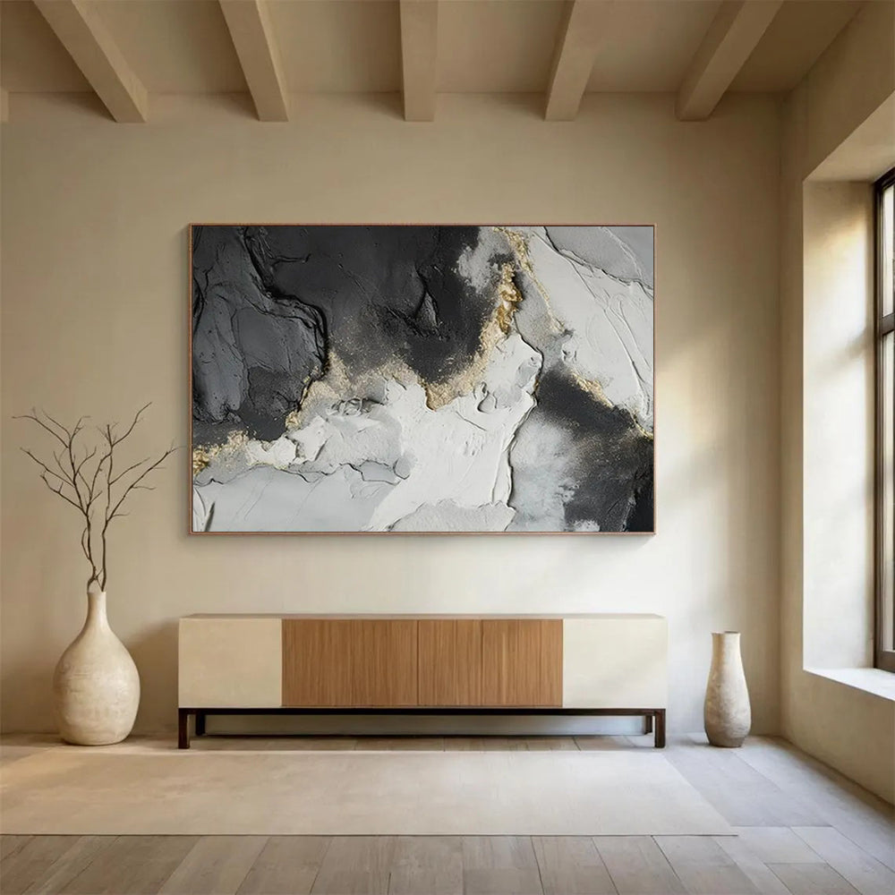“Black - Gray - Gold Textured Abstract” - Luxe Abstract Painting On Canvas PT1580