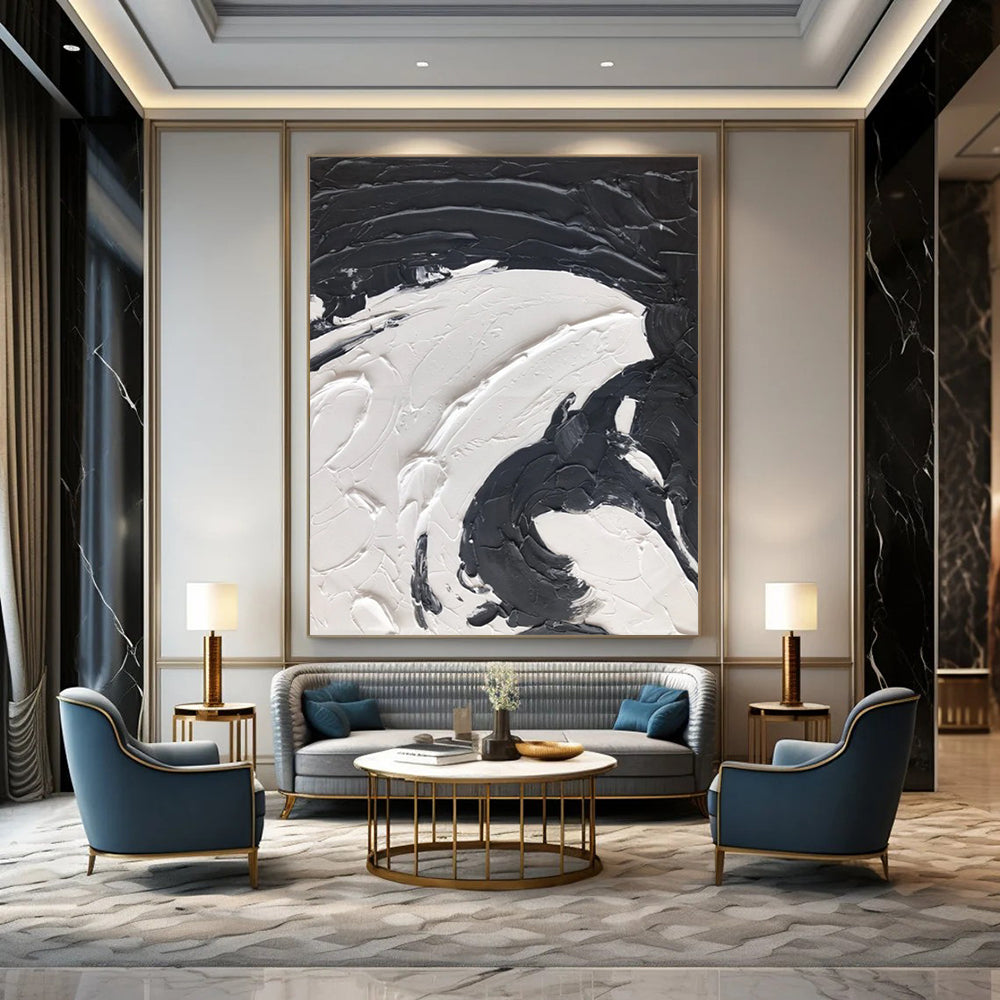 “Textured Swirls: Black and White Abstract” - Tactile Abstract Painting On Canvas DS393