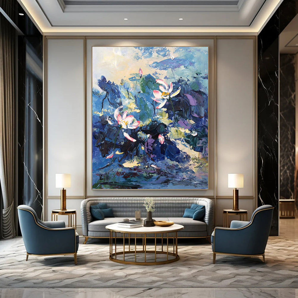 “Blue - Purple Lotus Pond” - Impressionist Floral Painting On Canvas PT1298