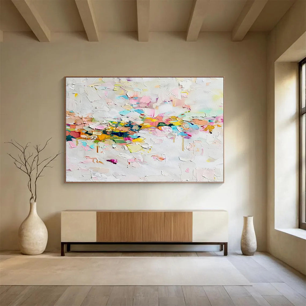 “Colorful Confetti Burst in Pinks, Blues & Yellows” - Abstract Impasto Painting On Canvas PT044