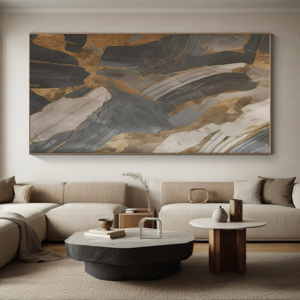 Gray, Gold & Black Abstract Shards "Urban Relic" Painting On Canvas PS0849