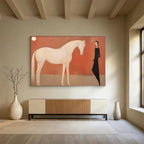 “Woman And Horse Silhouette” - Red, White & Black Figurative, Minimalist Painting On Canvas DKS730