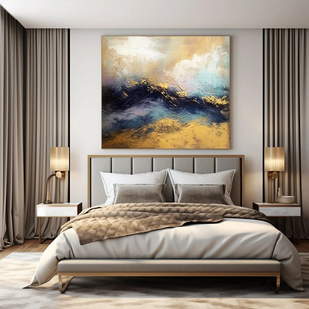 Blue - Purple Waves with Gold, "Gilded Surf" – Abstract Seascape Painting On Canvas PS0920