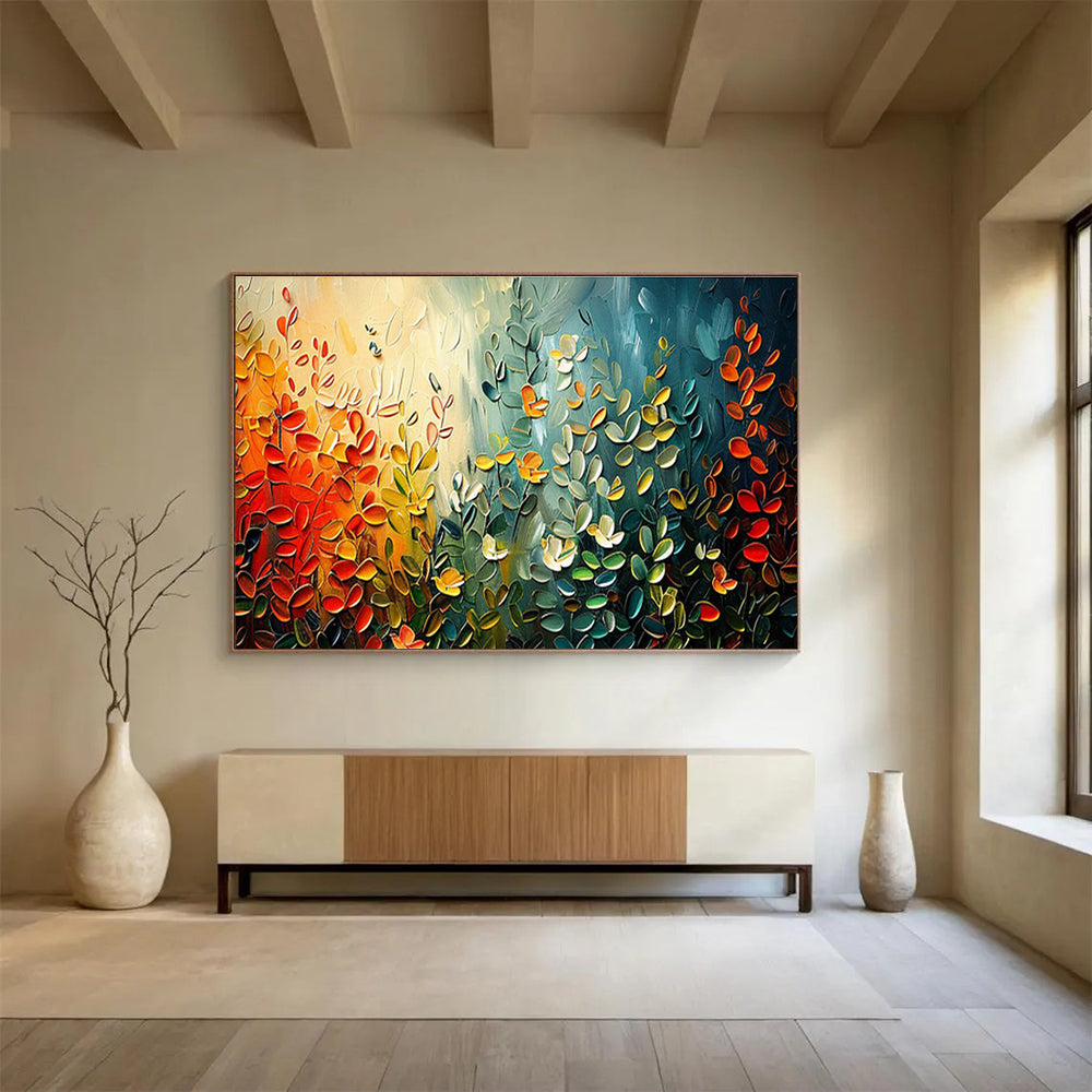 “Colorful Leaf Symphony” - Vibrant Green, Yellow & Red Textured Leaf, Impasto Nature Painting On Canvas DKS711