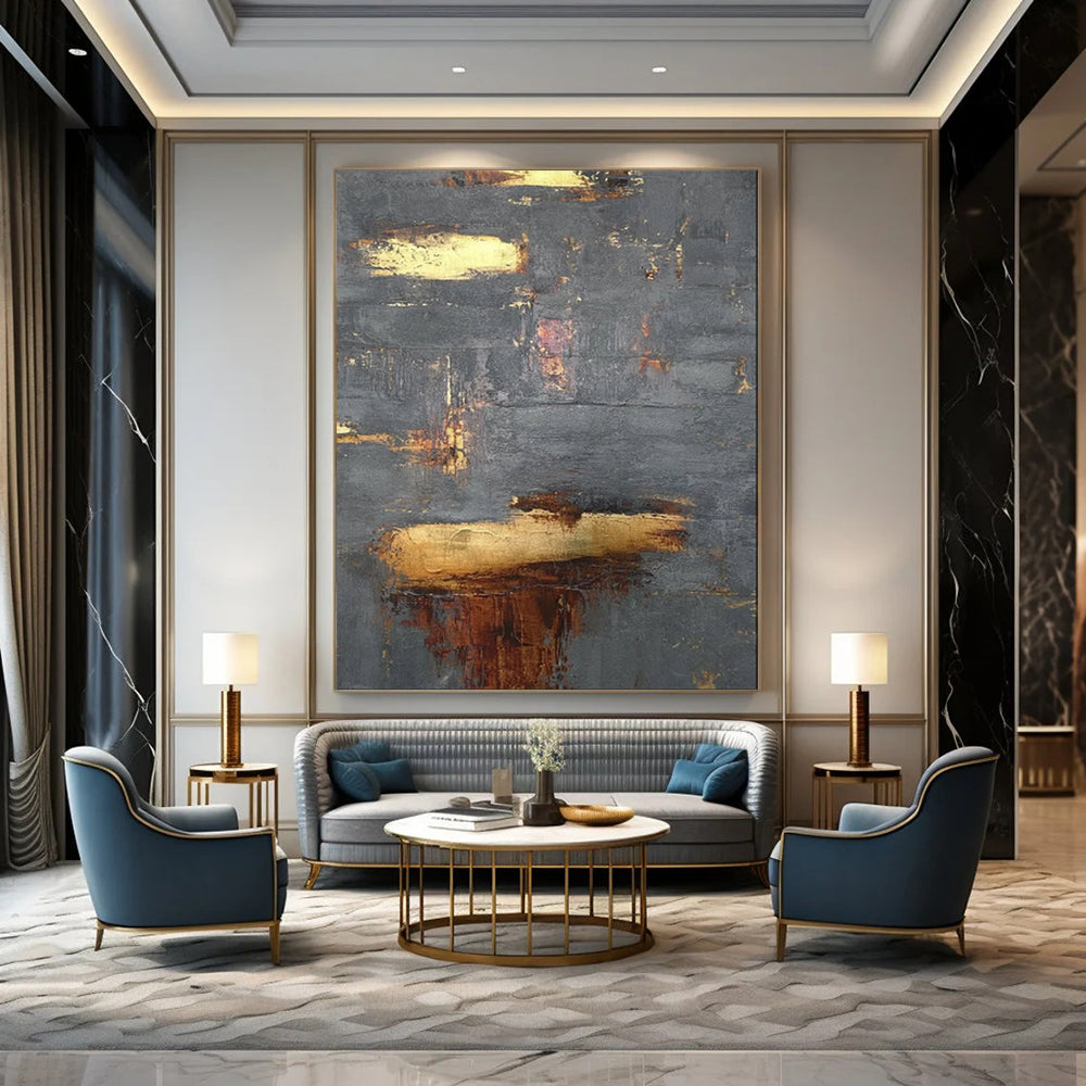 “Gold - Accented Gray Abstract” - Textured Abstract Painting On Canvas PT1999