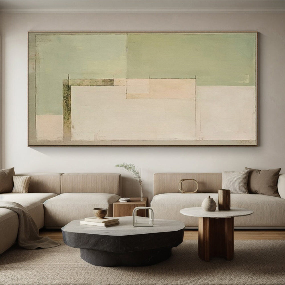 “Soft Green Blocks” - Light Green, Beige Abstract Minimalist Painting On Canvas PS0398
