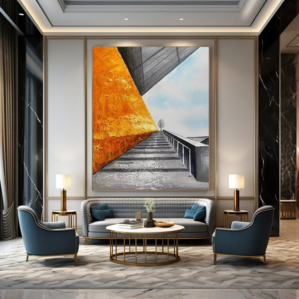 “Orange Wall & Stairway” - Architectural Abstract Painting On Canvas DS281