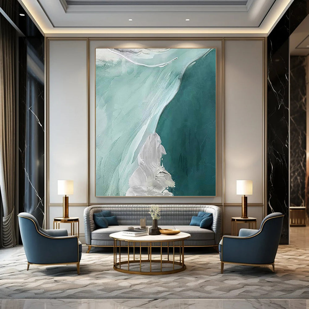 “Teal - White Abstract Flows” - Fluid Abstract Painting On Canvas PT1236