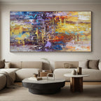“Vibrant Urban Abstraction” - Yellow, Blue, Purple Abstract Cityscape Painting On Canvas PS0545