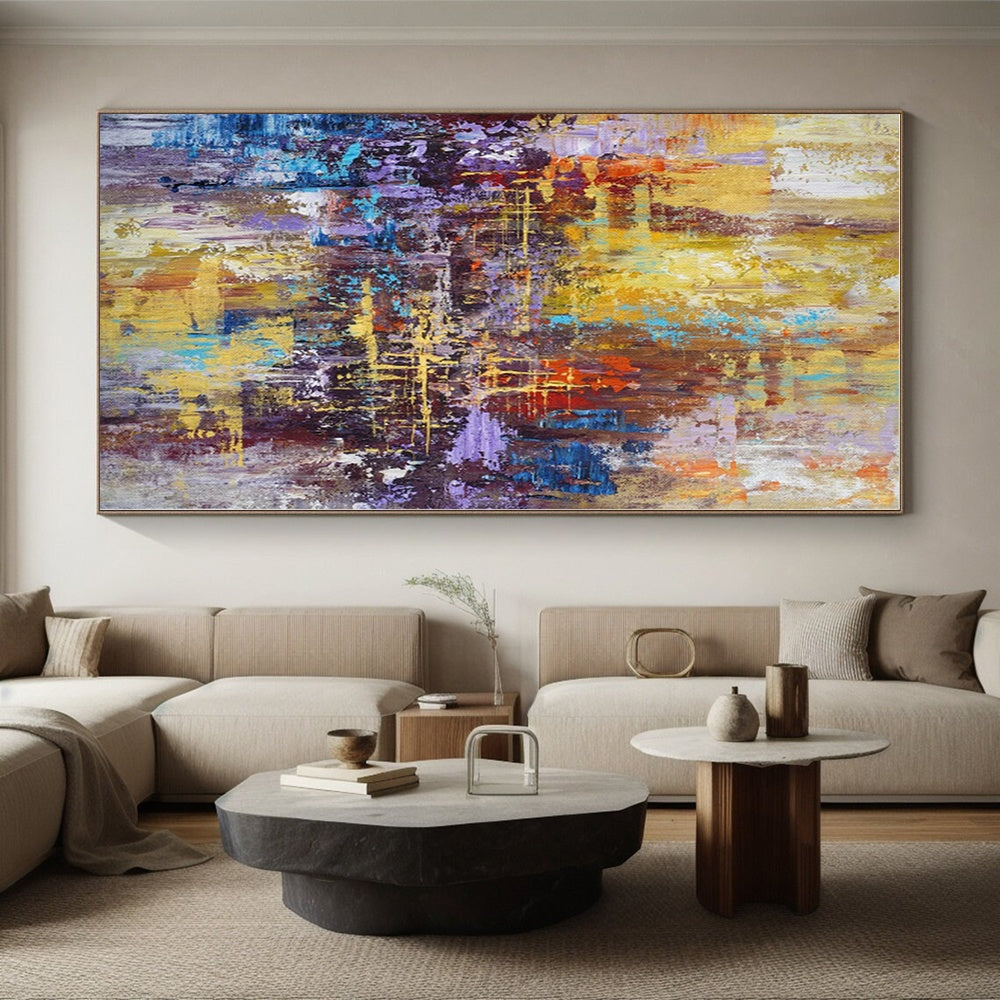 “Vibrant Urban Abstraction” - Yellow, Blue, Purple Abstract Cityscape Painting On Canvas PS0545