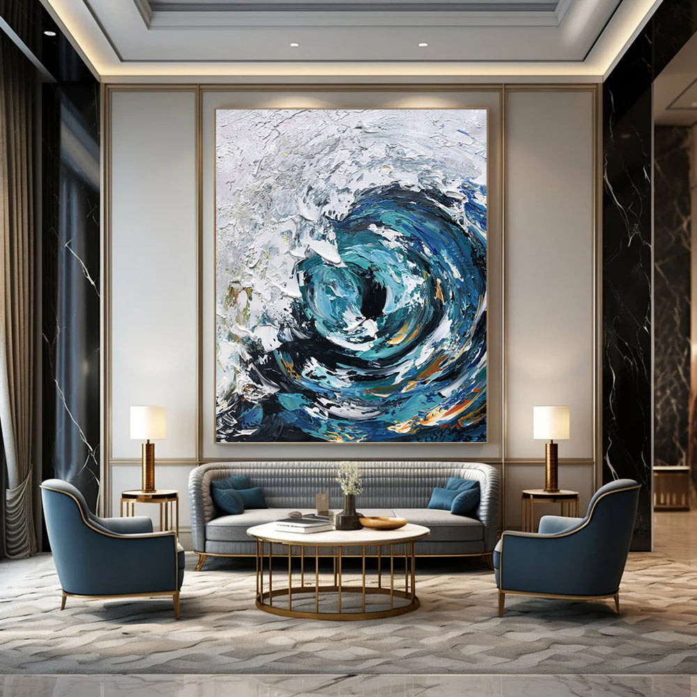 “Blue - White Swirling Wave” - Impasto Seascape Painting On Canvas PT1295