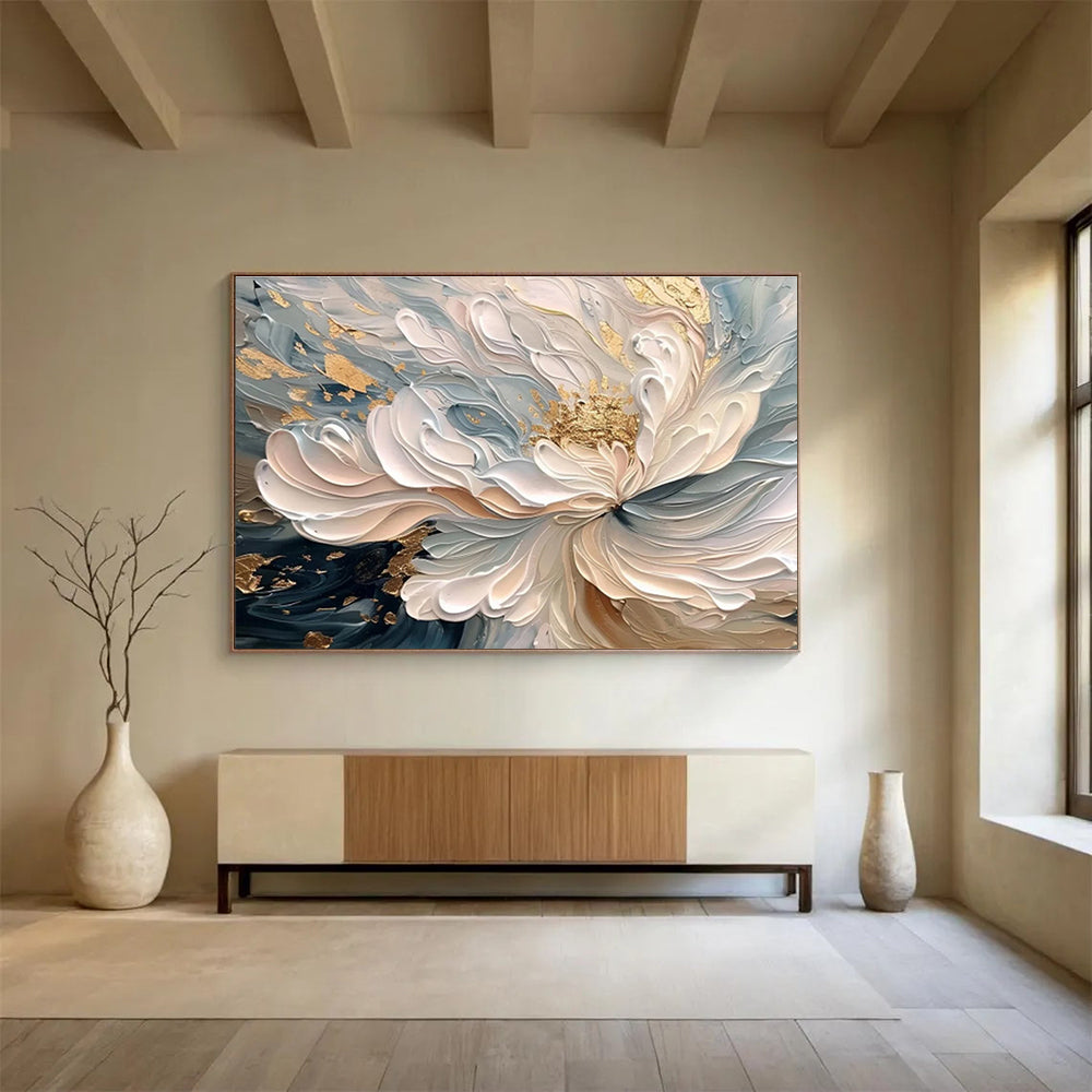 “Elegant Gilded Bloom” - Soft Blue, White & Gold Floral, 3D - Textured Flower Art Painting On Canvas DKS682