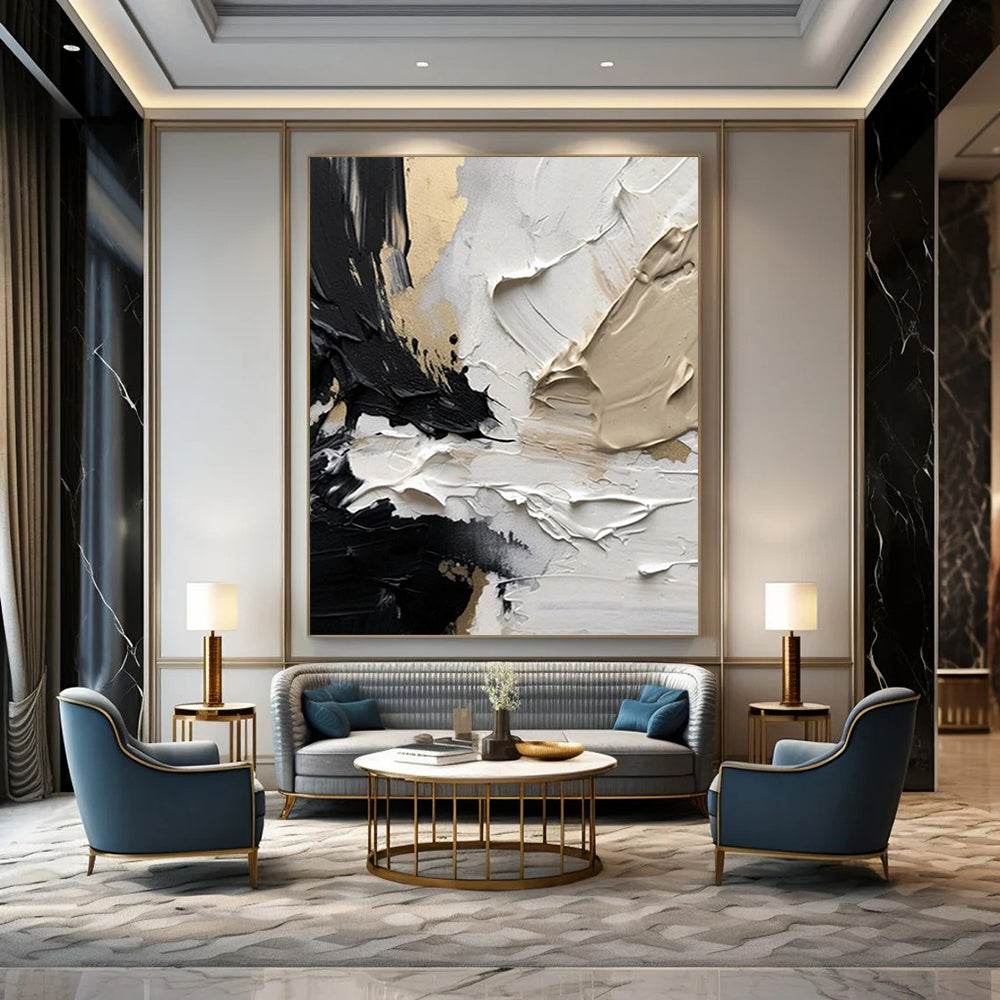“Black, White & Gold Textured Abstract” - Luxe Abstract Painting On Canvas DS301