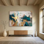 “Teal - Gold Abstract Shapes” - Rich Tones “Opulent Waves” Painting On Canvas PT1632