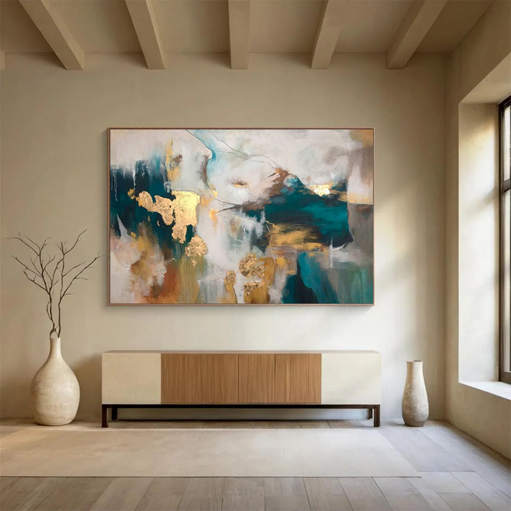 “Teal - Gold Abstract Shapes” - Rich Tones “Opulent Waves” Painting On Canvas PT1632