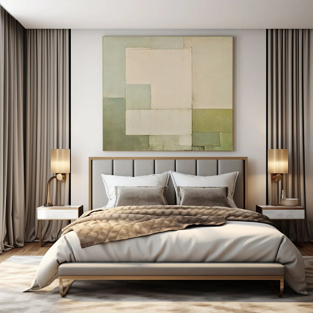 Light Green, Gray, Beige with Subtle Rectangles "Soft Structure" Abstract Painting On Canvas PS1444