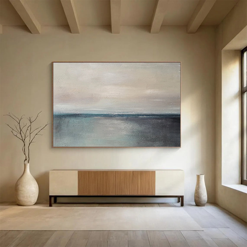 “Soft Coastal Horizon in Neutrals and Blues” - Minimalist Seascape Oil Painting On Canvas PT028