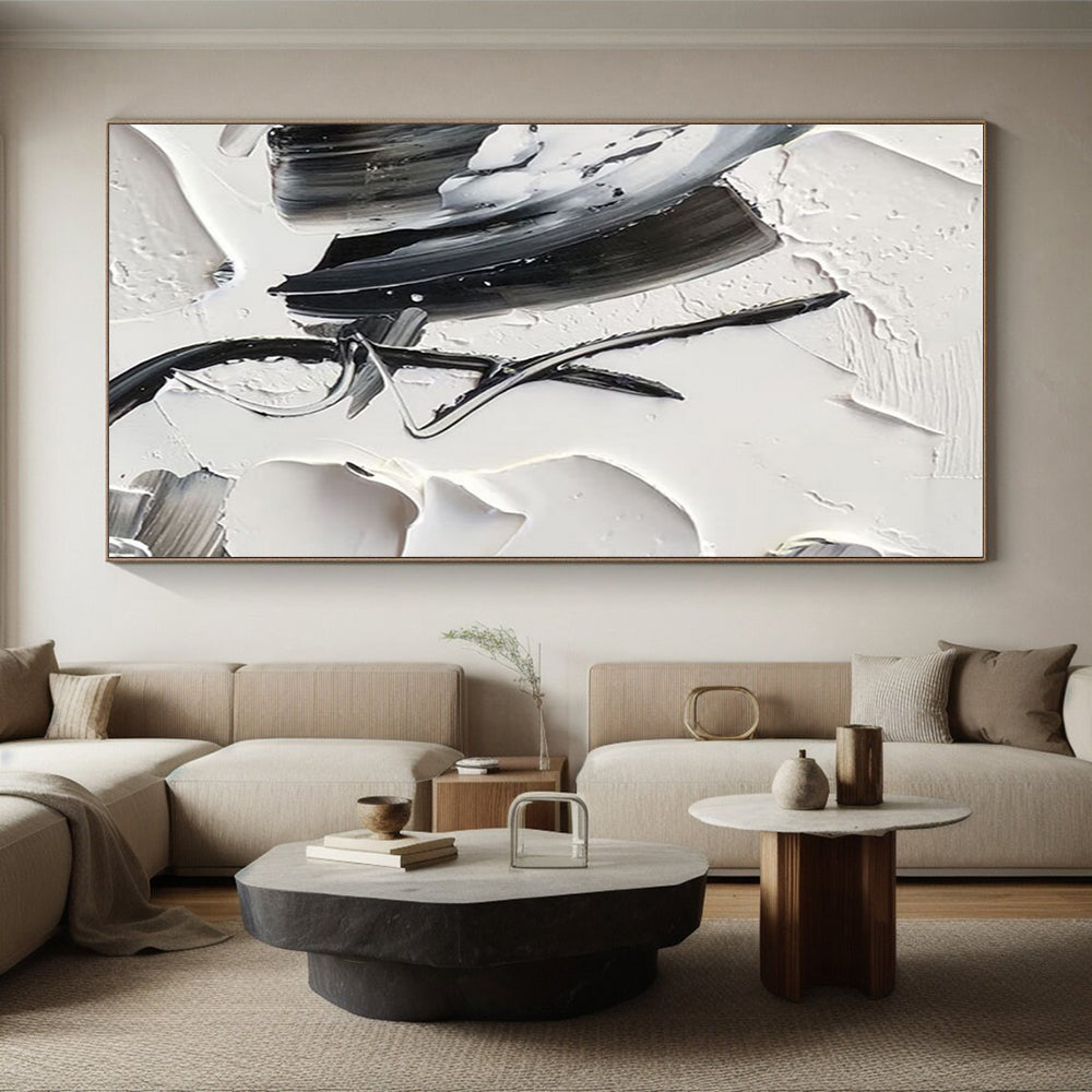 “Textured Black - White Abstraction” - Black, White Abstract Minimalist Painting On Canvas PS0702