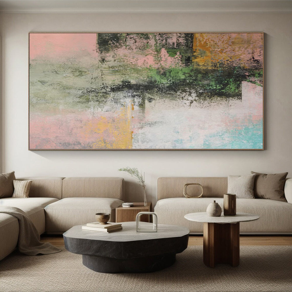 “Pink - Green Abstract Fusion” - Nature - Hued Abstract Painting On Canvas PS0044