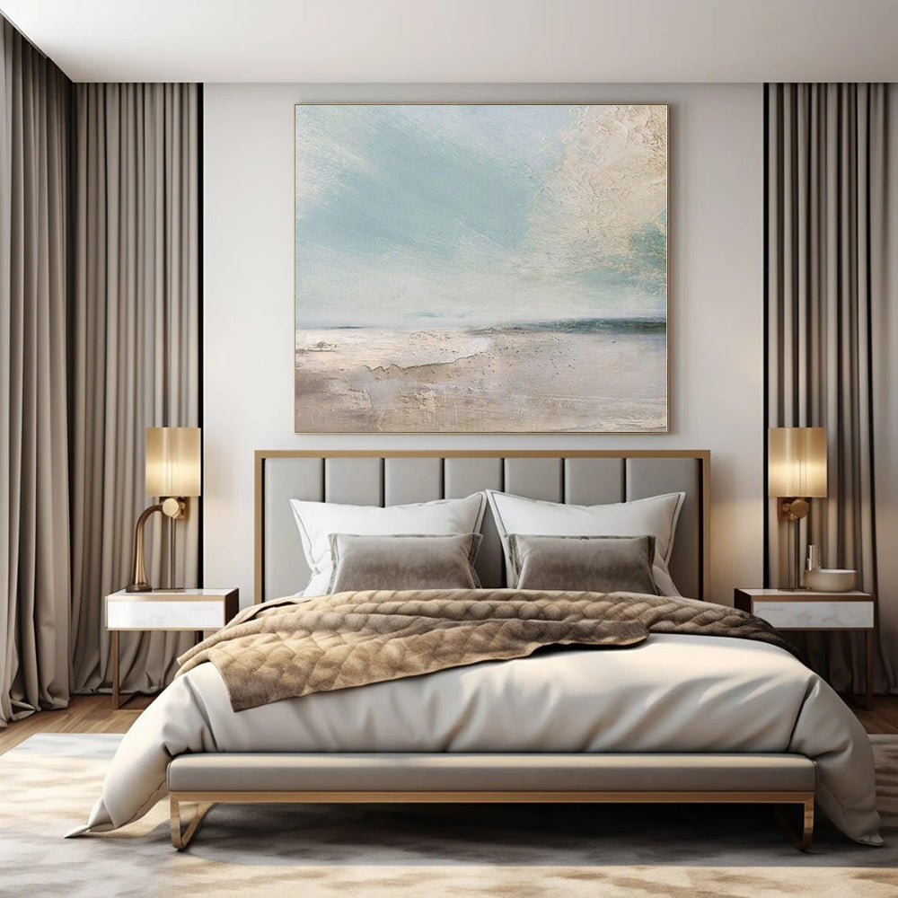 Light Blue, Beige and Gray with Subtle Coastal Textures "Seaside Stillness" Abstract Landscape Painting On Canvas PS1160