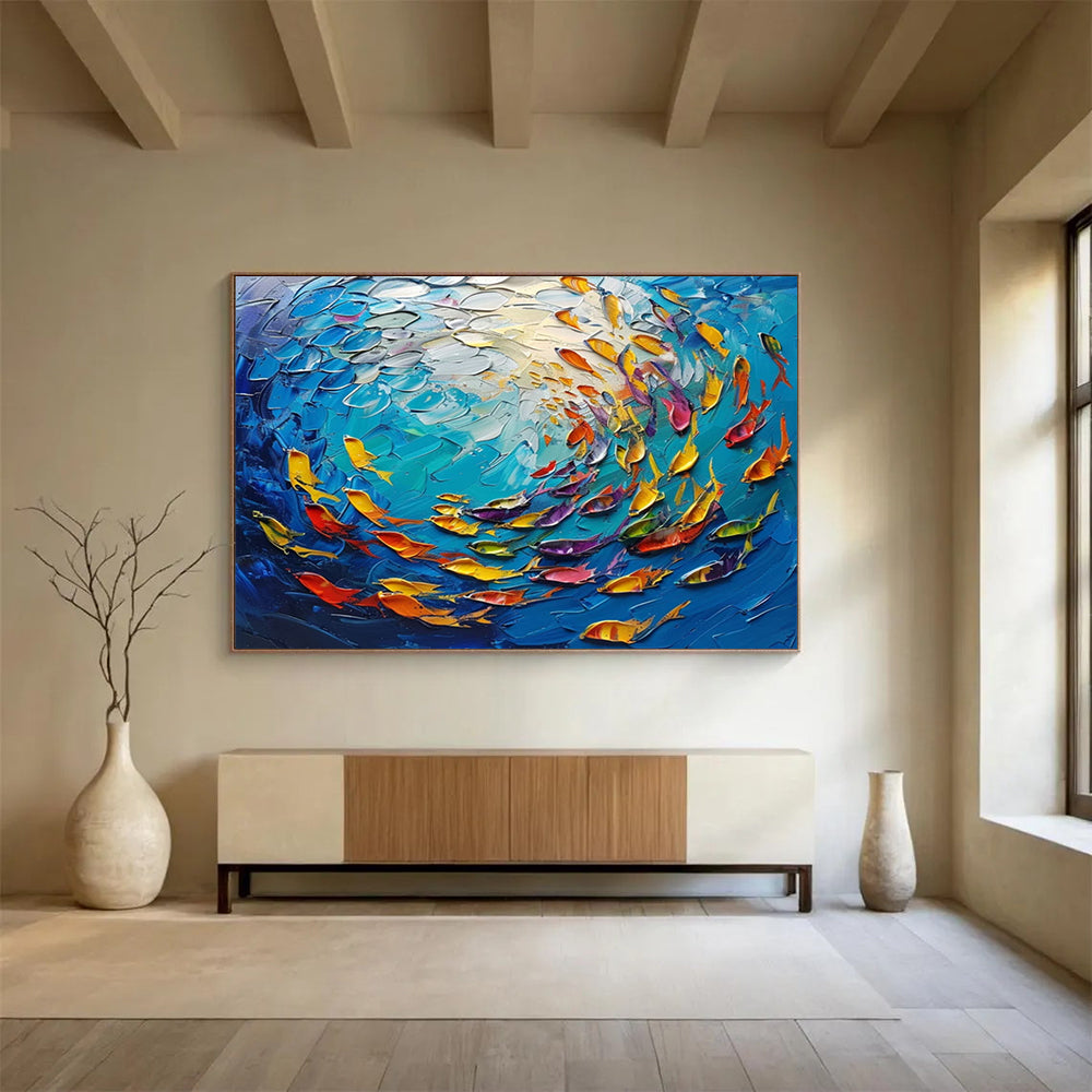 “3D Colorful Fish School” - Textured Underwater Painting On Canvas PT199