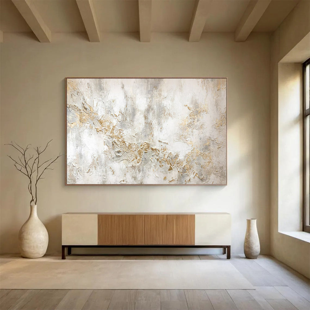 “White and Gold Textured Abstract” - Impasto Abstract - Painting On Canvas PT1772