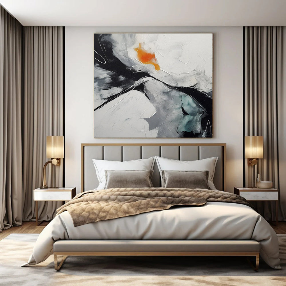 Black, White, Gray, Orange, Teal with Dynamic Strokes "Vivid Fusion" Abstract Painting On Canvas PS1464