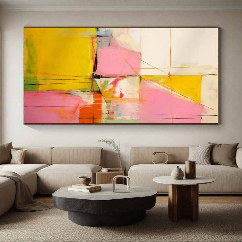Pink, Yellow, Orange & Green Geometric Abstract "Playful Prism" Painting On Canvas PS0873