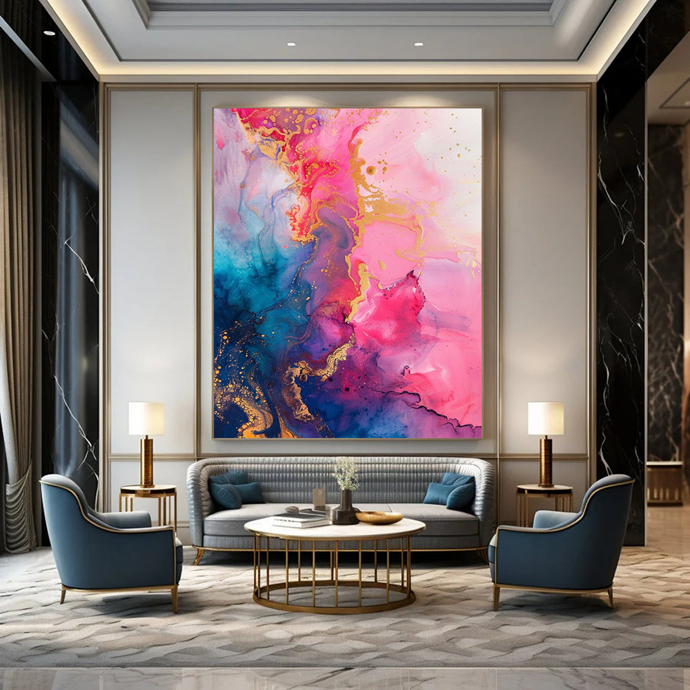 “Pink, Blue & Gold Ink Flow” - Fluid Abstract Painting On Canvas DS286