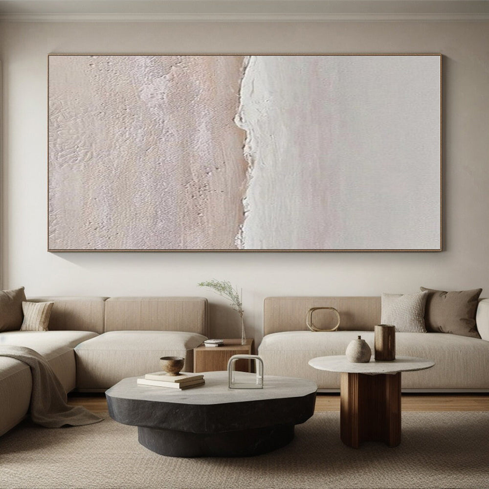 “Textured Beach Shore” - Beige, White Abstract Seascape Painting On Canvas PS0666
