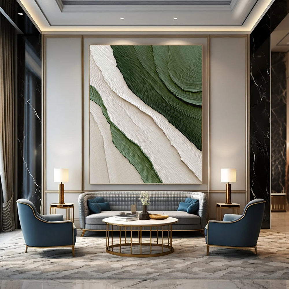 “Green & Beige Textured Waves” - Green, Beige, Layered Abstract Painting On Canvas PT1481