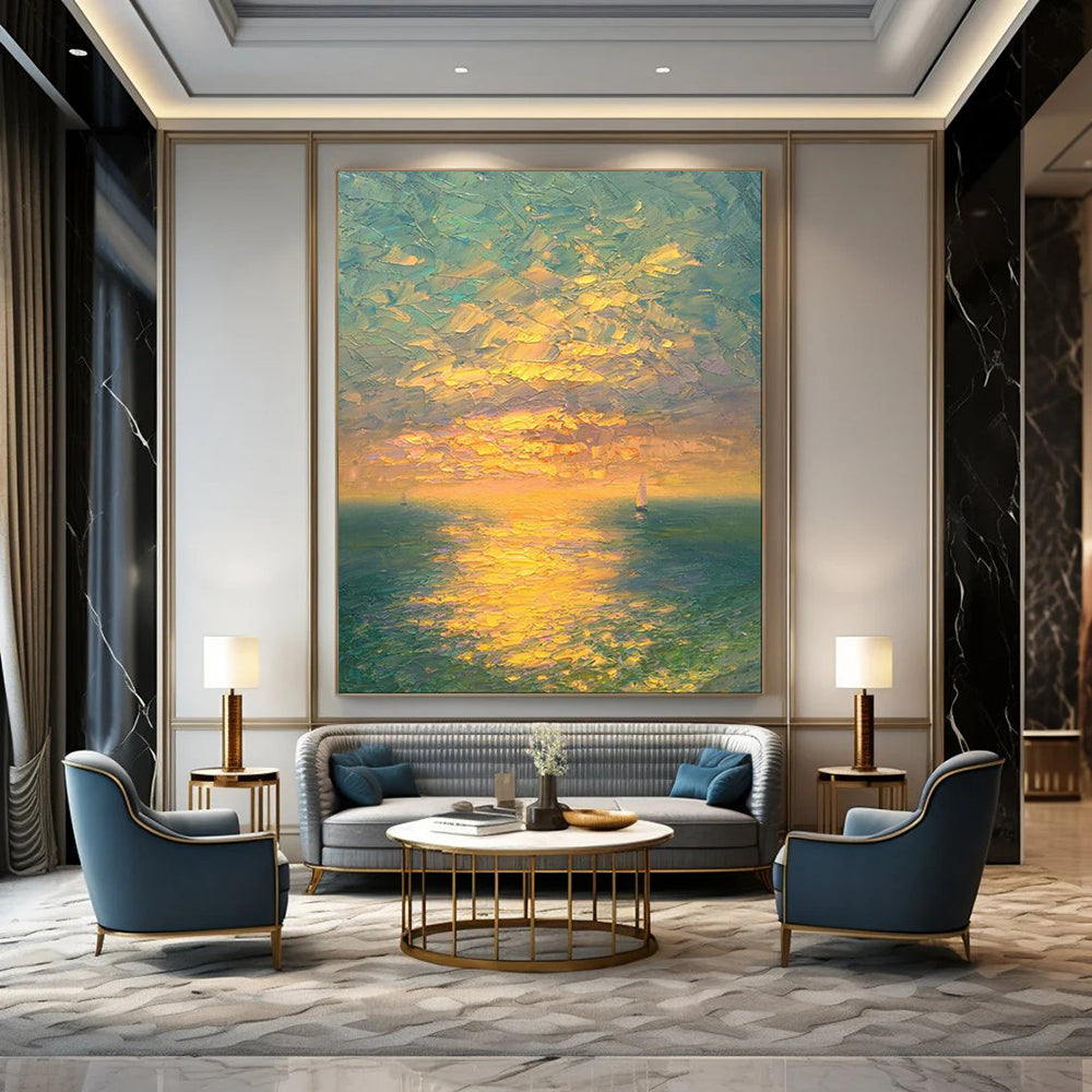 “Vibrant Sunset Sea with Sailboats” - Landscape Painting On Canvas PT2070
