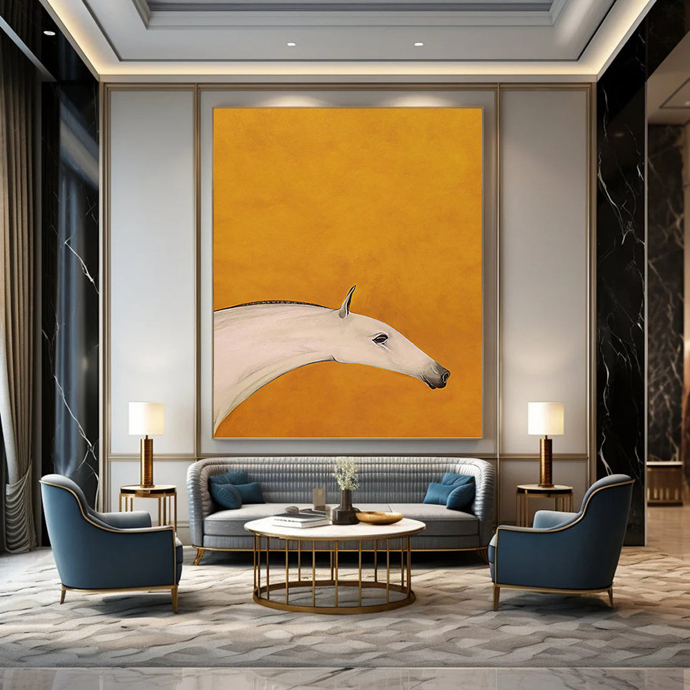 “Minimalist White Horse on Orange” - Minimalist - Inspired Animal Painting On Canvas PT1427
