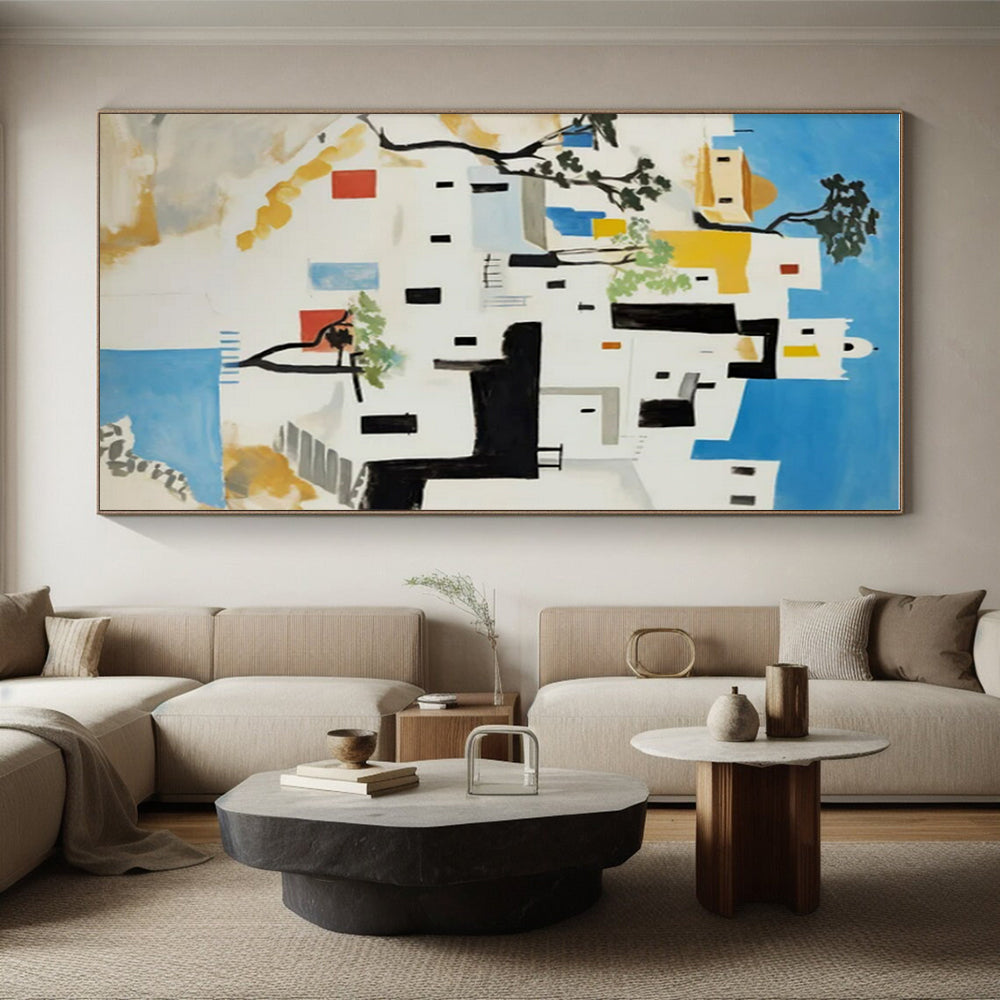 White Village, "Mediterranean Hues" – Modernist Architectural Painting On Canvas PS0882