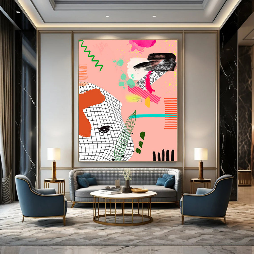 “Playful Pink - Green Abstract Collage” - Contemporary Abstract Painting On Canvas PT2006