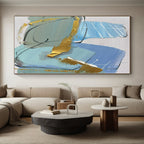 “Blue - Gold Geometric Flair” - Blue, Gold, Gray Abstract Painting On Canvas PS0499
