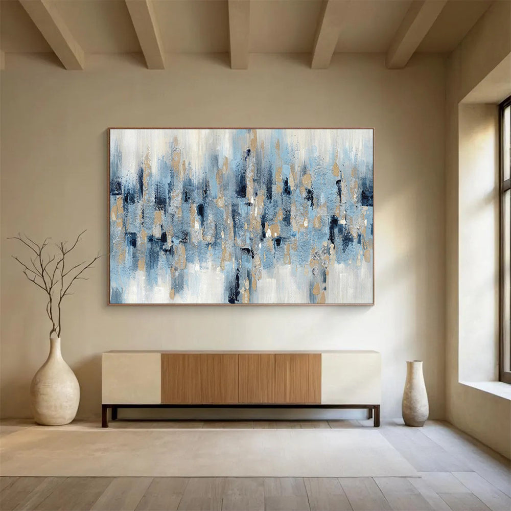 “Blue - Gold Abstract Drip” - Elegant Splashes Painting On Canvas PT1519