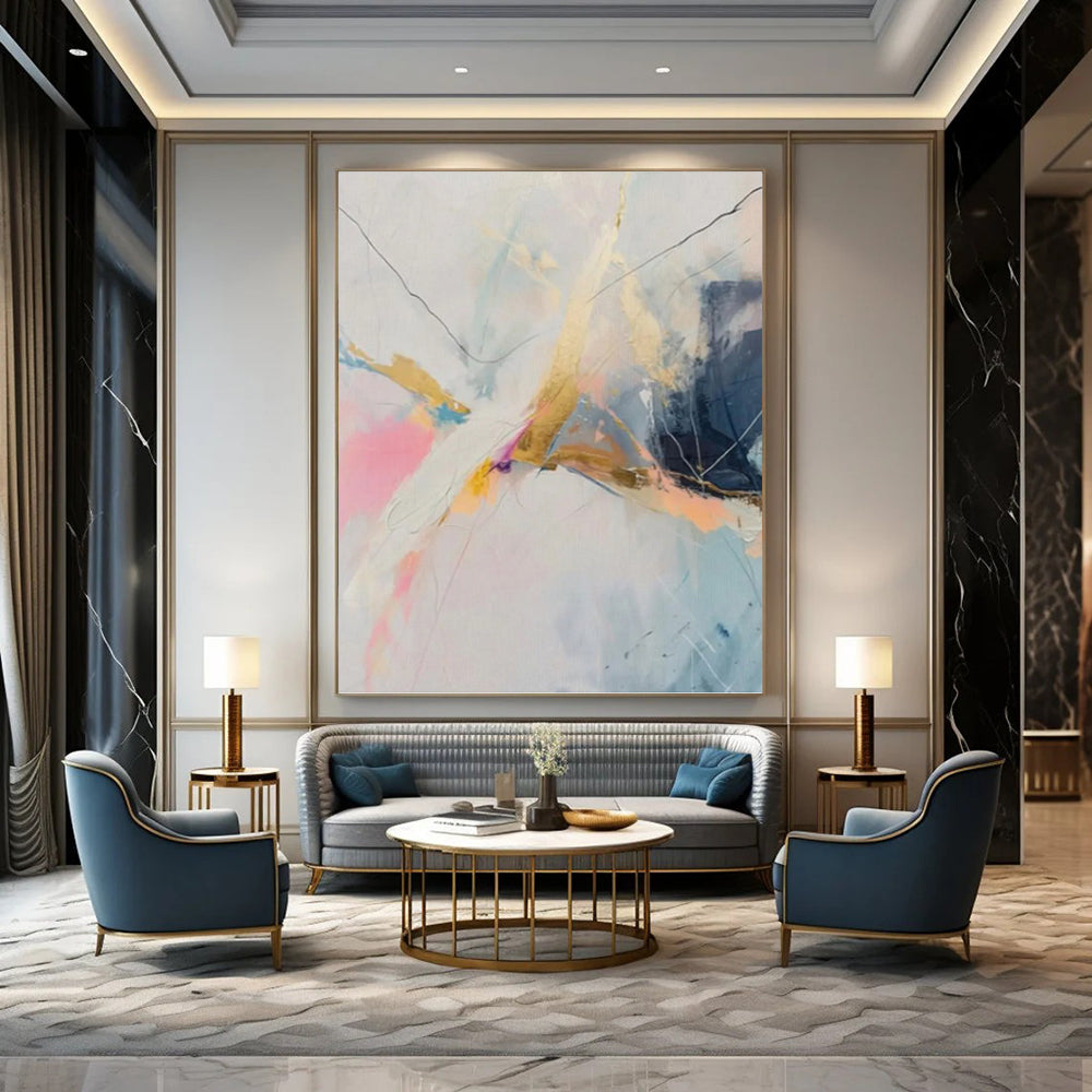 “Pastel and Gold Abstract” - Expressive Line Painting On Canvas PT0995