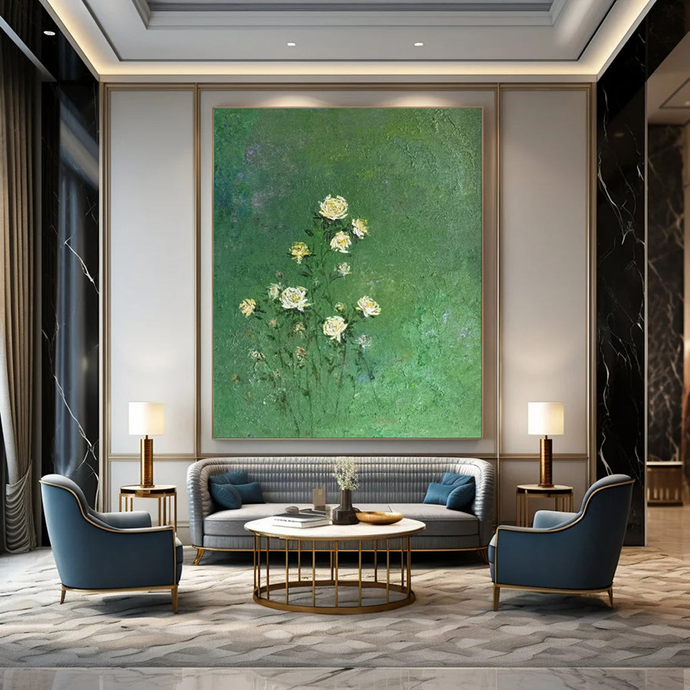 “Yellow Flowers on Green” - Impressionist Floral Painting On Canvas PT1978