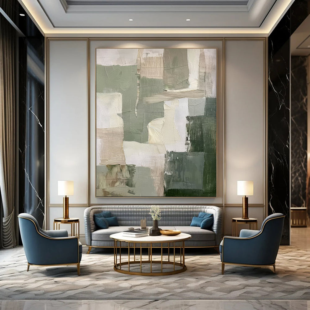 “Earthy Greens and Neutrals Abstract Blocks” - Abstract Painting On Canvas PT2053