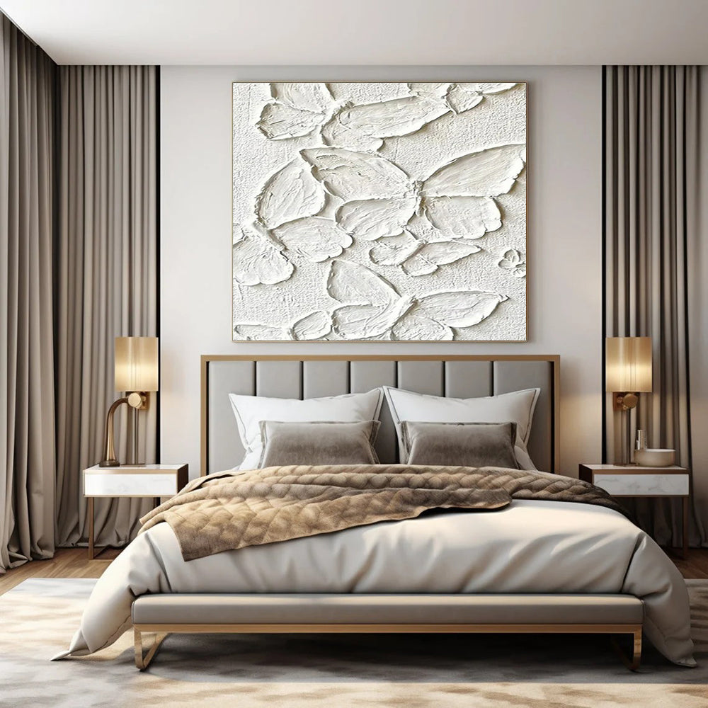 White with Textured Butterflies "Whimsical Wings" Abstract Painting On Canvas PS1468