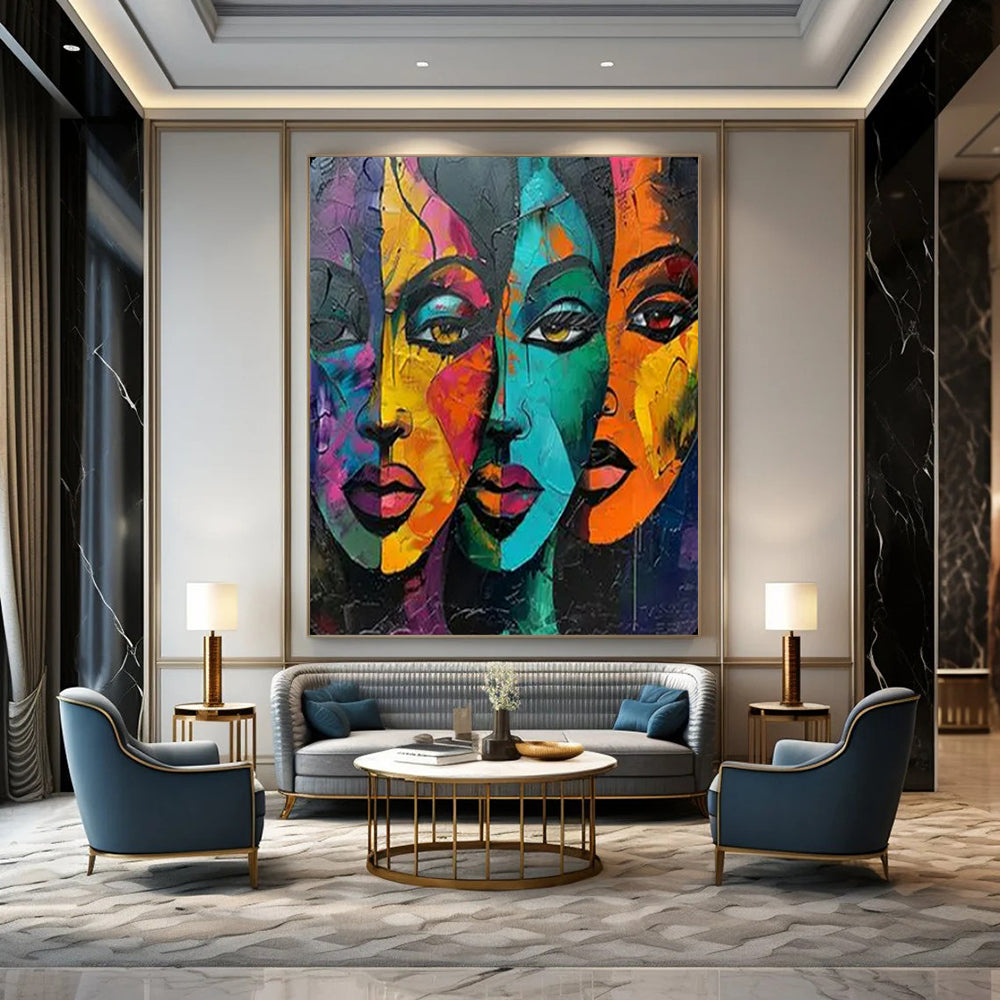 Colorful Visions Vibrant Cubist Faces, Painting On Canvas PT2161